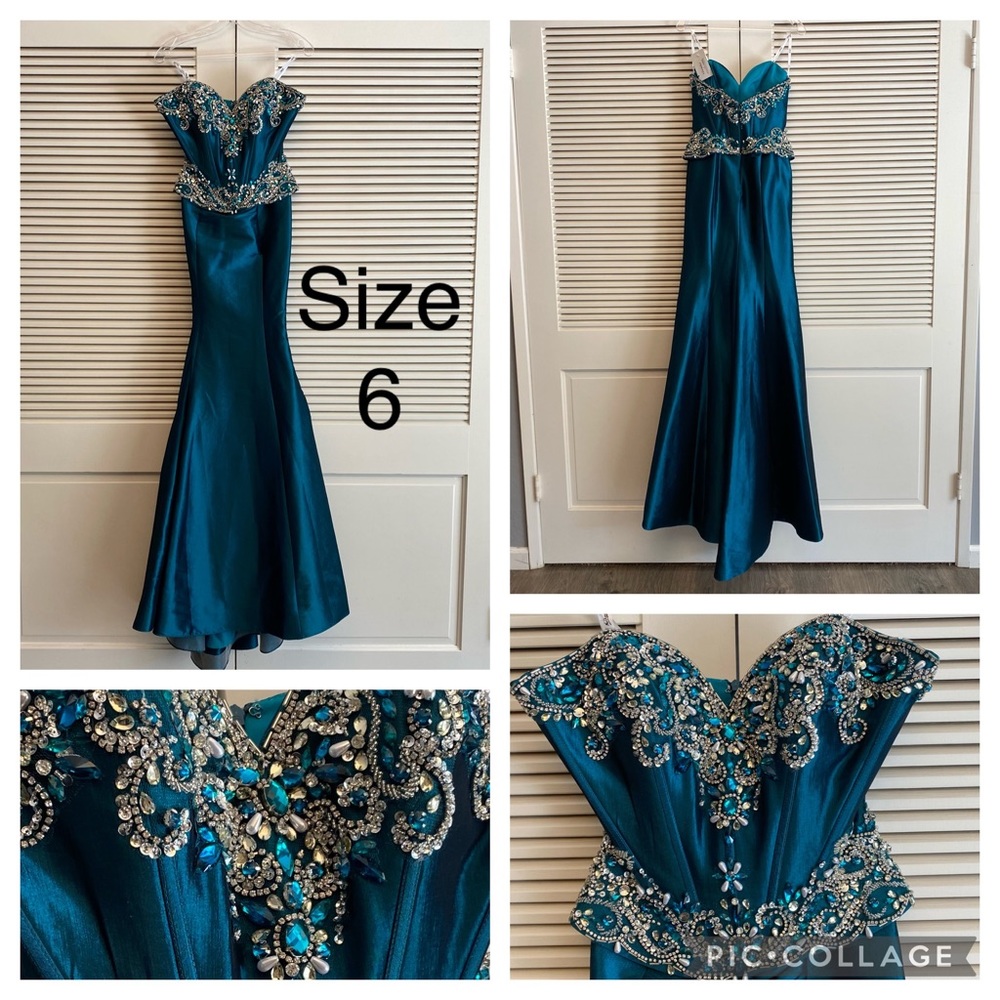 Mac Duggal Teal Peplum Evening Gown